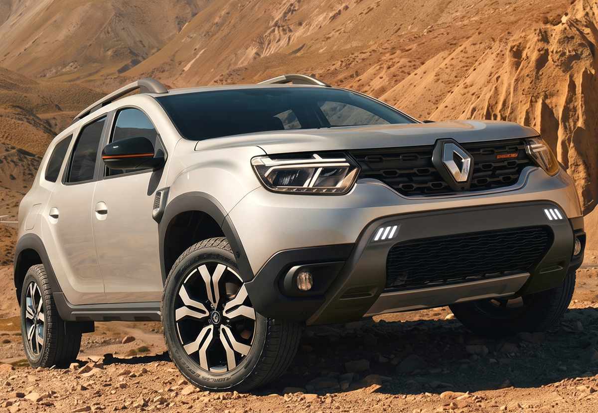 Renault Duster color gris plata estacionada en un terreno rocoso y montañoso, destacando su diseño exterior robusto y vocación aventurera.