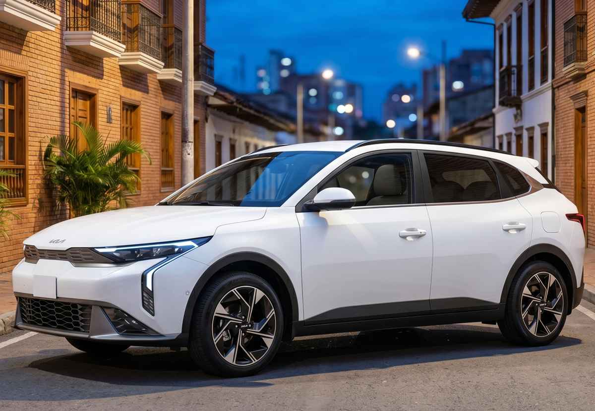 Kia K3 Cross color blanco estacionado en una calle empedrada con arquitectura de ladrillo tradicional al atardecer, mostrando su diseño frontal moderno y firma lumínica LED.