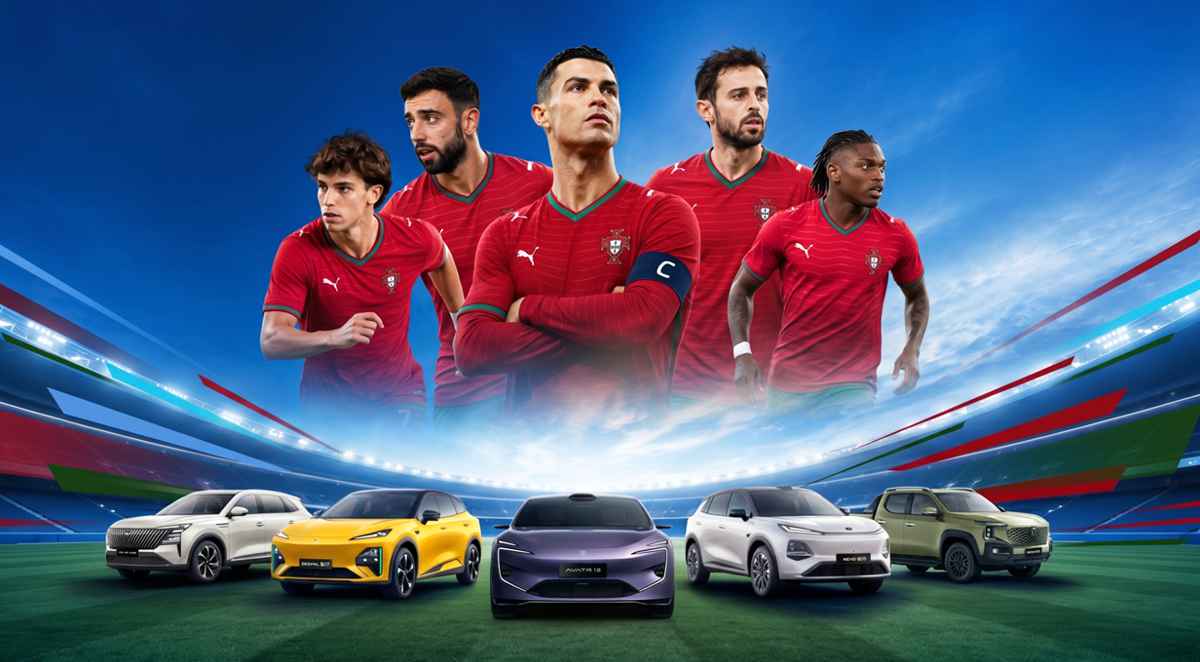Jugadores de la selección de fútbol de Portugal, liderados por Cristiano Ronaldo, posando sobre una alineación de vehículos electrificados de las marcas Changan, Deepal, Avatr y Nevo en un estadio.