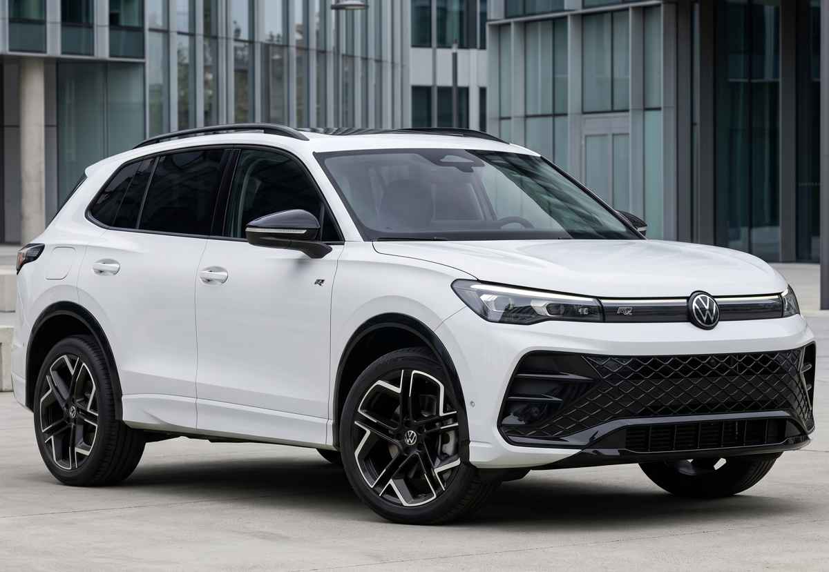 Vista frontal y lateral de la Volkswagen Tiguan e-TSI blanca con paquete deportivo R-Line, estacionada frente a un moderno edificio de cristal.