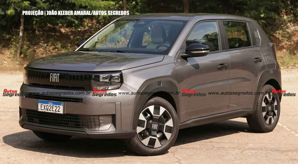 Proyección digital del nuevo Fiat Argo híbrido color gris en vista frontal diagonal, mostrando su diseño de crossover cuadrado y parrilla negra, basado en el Grande Panda europeo.