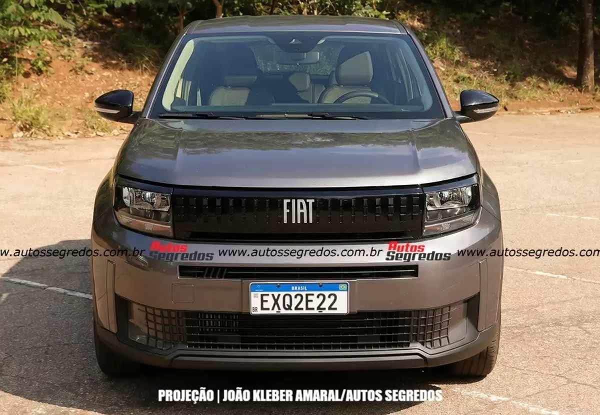Vista frontal completa del render del próximo Fiat Argo híbrido, destacando sus faros rectangulares, la ancha parrilla negra con el logo de Fiat y el robusto bumper inferior.