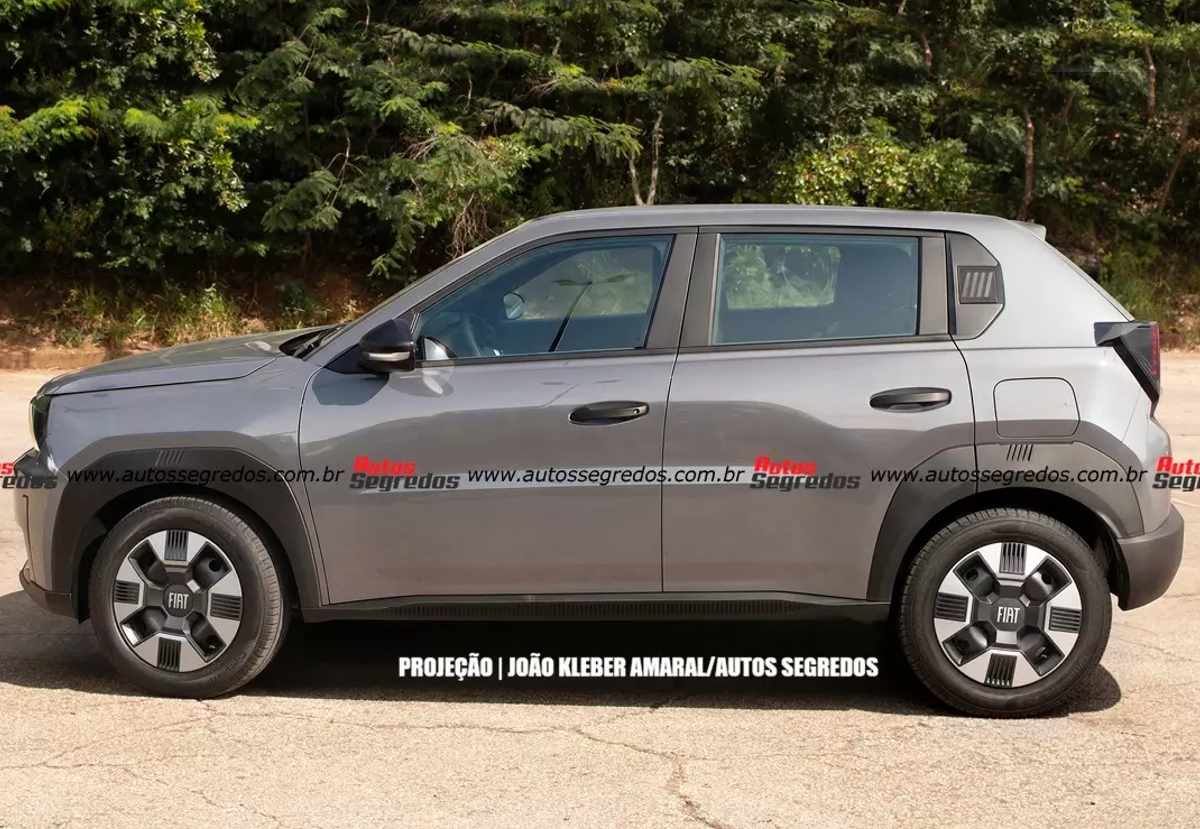 Perfil lateral del diseño digital del nuevo crossover de Fiat para Latinoamérica, evidenciando su carrocería compacta, rines bitono y líneas de diseño rectas.