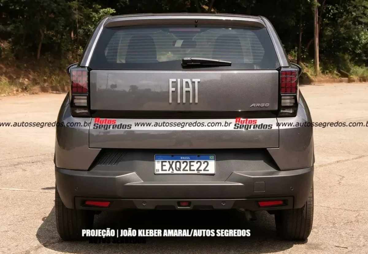Parte trasera del boceto digital del nuevo Fiat Argo, mostrando la caída recta del techo, la firma lumínica en los stops y el emblema de la marca centrado en el portón trasero.