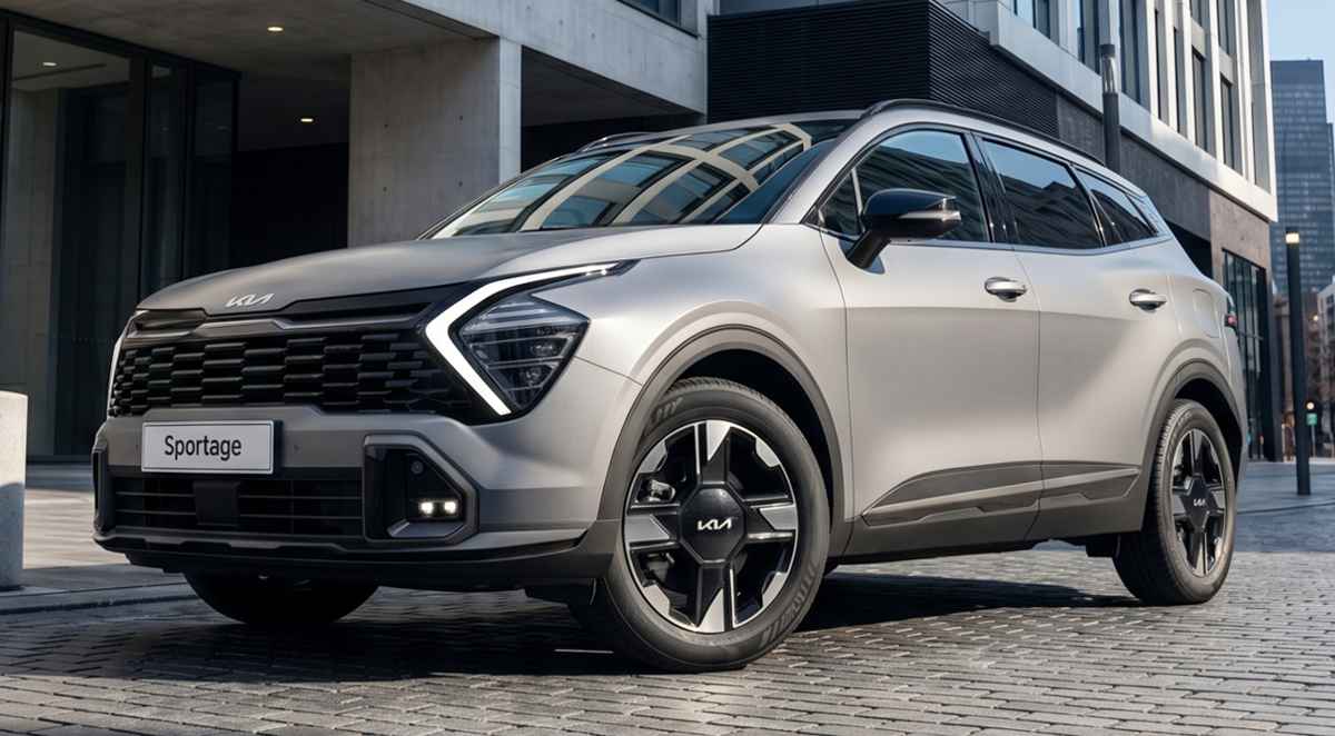 Kia Sportage HEV color plata mate estacionada sobre una calle adoquinada con arquitectura urbana moderna de fondo, destacando su imponente parrilla oscura y luces diurnas LED en forma de búmeran.