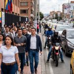 Multitud de ciudadanos caminando hacia un puesto de votación junto a una calle con alto tráfico vehicular y un taxi amarillo en primer plano durante la jornada de elecciones.