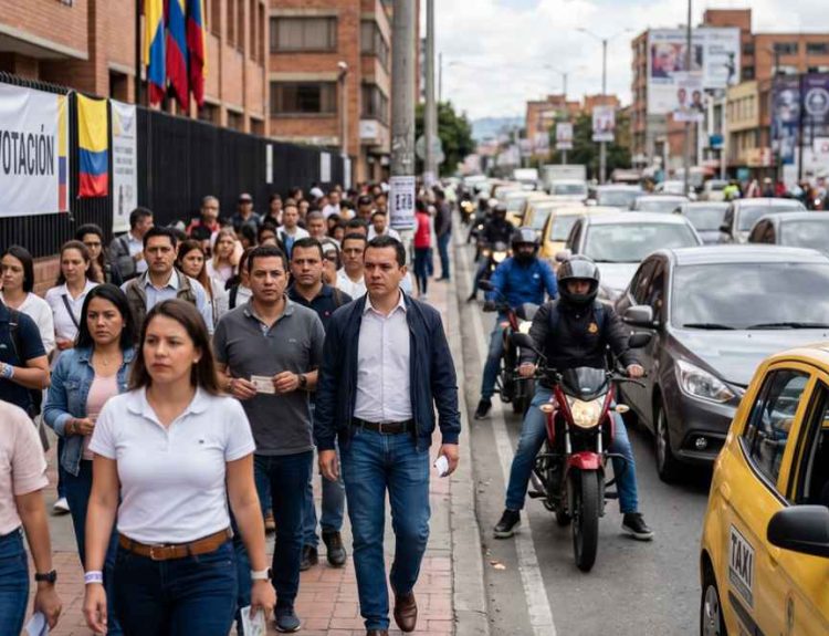Multitud de ciudadanos caminando hacia un puesto de votación junto a una calle con alto tráfico vehicular y un taxi amarillo en primer plano durante la jornada de elecciones.