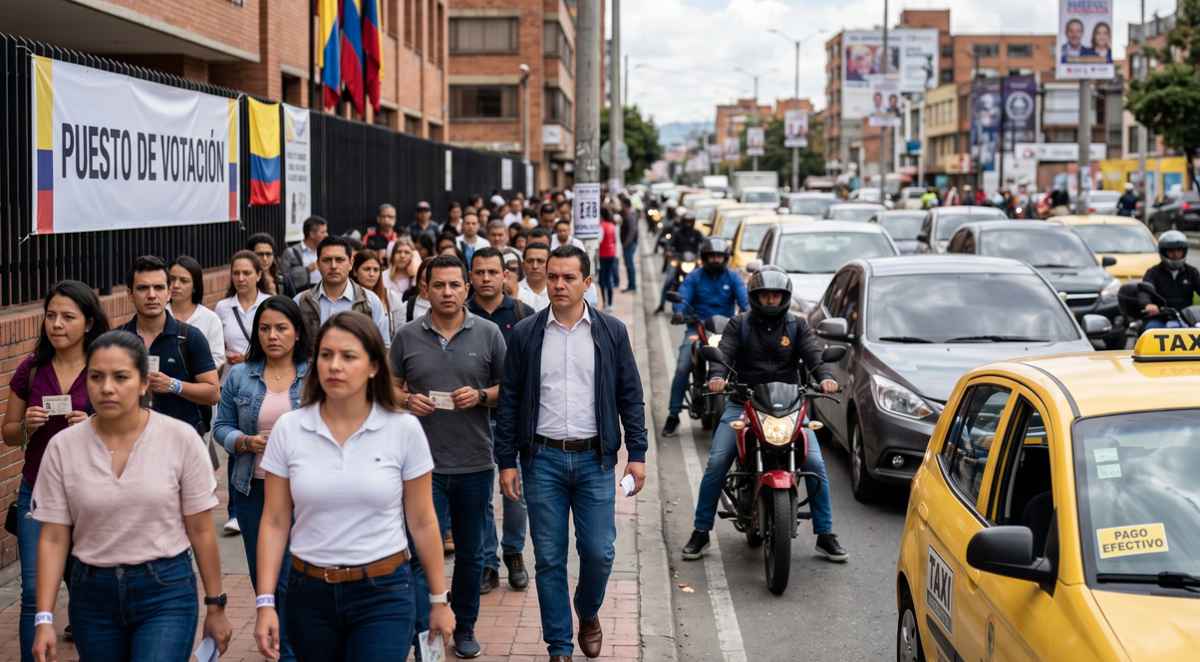 Multitud de ciudadanos caminando hacia un puesto de votación junto a una calle con alto tráfico vehicular y un taxi amarillo en primer plano durante la jornada de elecciones.