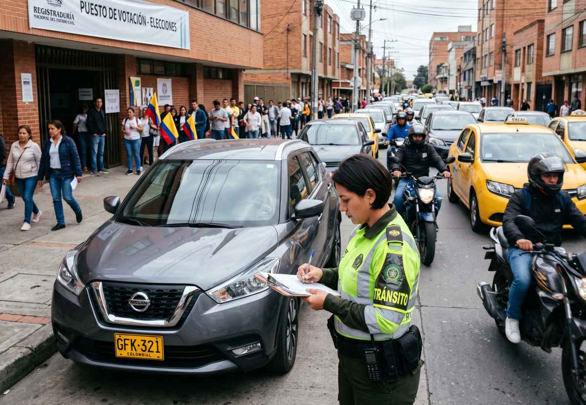 Agente de tránsito imponiendo un comparendo a un vehículo particular color gris mal parqueado frente a un recinto electoral con filas de ciudadanos en Bogotá.