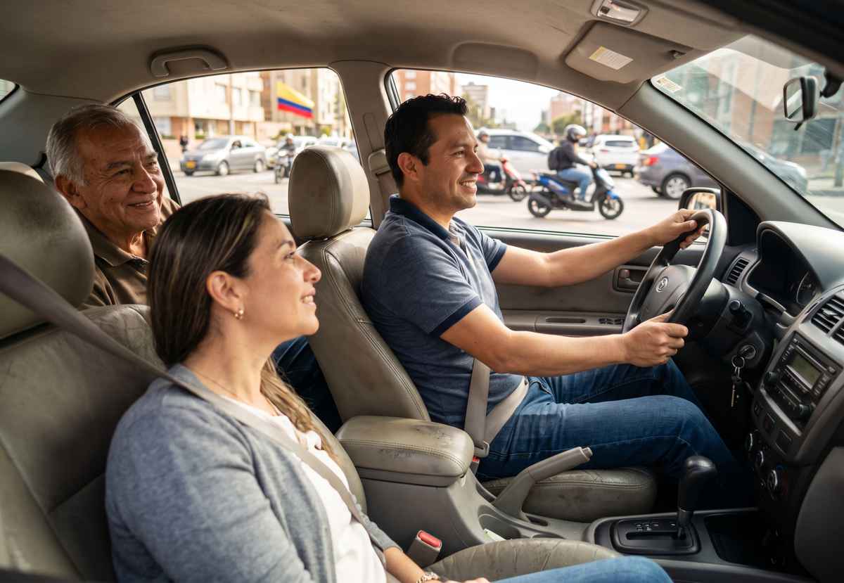 Familia colombiana sonriendo dentro de un carro particular mientras comparten su trayecto para dirigirse a votar en la jornada electoral dominical.