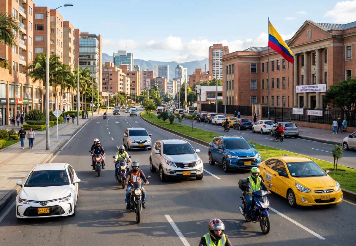 Panorámica de una avenida principal con flujo fluido de carros particulares, motocicletas y una gran bandera de Colombia ondeando frente a un edificio de ladrillo.
