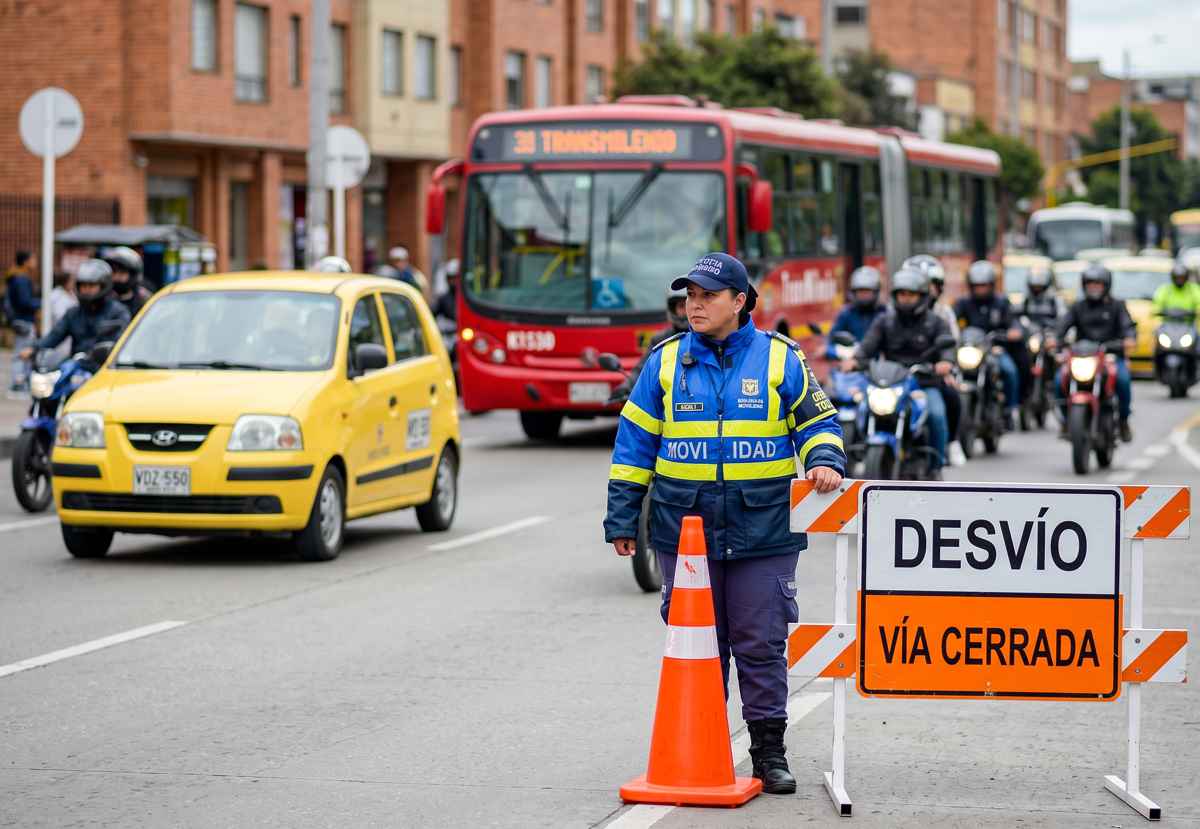 Funcionaria de la Secretaría de Movilidad controlando el tráfico junto a una señal naranja de desvío por vía cerrada, con un bus de TransMilenio y taxis al fondo.