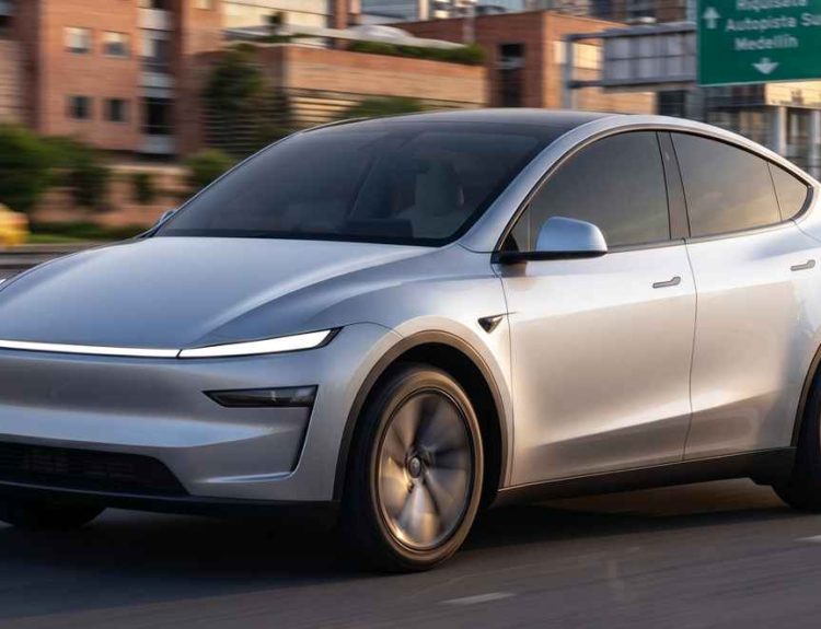 Automóvil Tesla color plata transitando a gran velocidad por una vía en Colombia, con un letrero de señalización hacia la Autopista Sur de Medellín en el fondo.