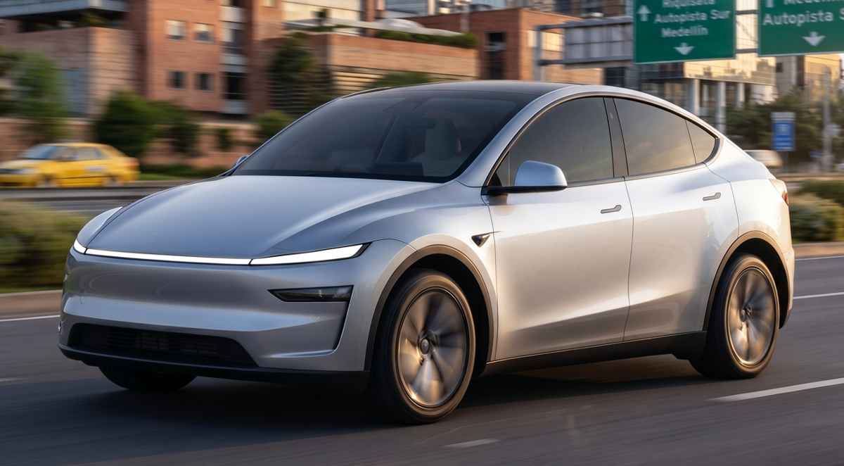 Automóvil Tesla color plata transitando a gran velocidad por una vía en Colombia, con un letrero de señalización hacia la Autopista Sur de Medellín en el fondo.