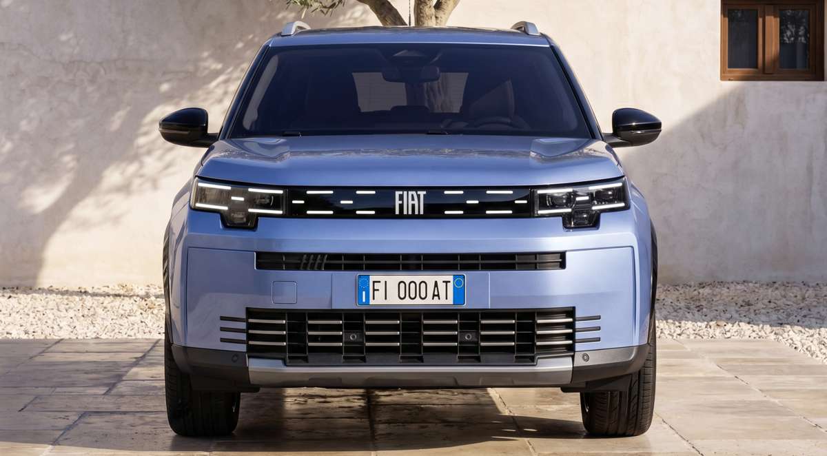 Vista completamente frontal del nuevo Fiat Grizzly, mostrando su parrilla con firma lumínica de micro-píxeles LED y el emblema central de la marca.