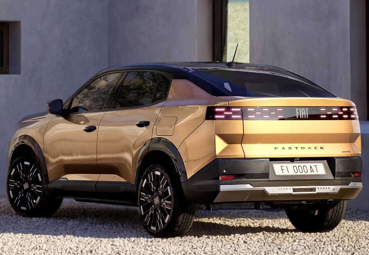 Perspectiva trasera de tres cuartos del Fiat Grizzly Fastback en tono dorado, exhibiendo su caída de techo estilo coupé, ópticas traseras integradas y el emblema Fastback en el portón.