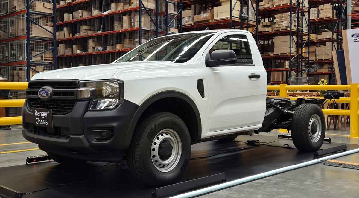 Ford Ranger XL Chasis color blanco exhibida sobre una plataforma negra con iluminación azul, destacando su estructura trasera desnuda y lista para carrozar durante su lanzamiento en Colombia.