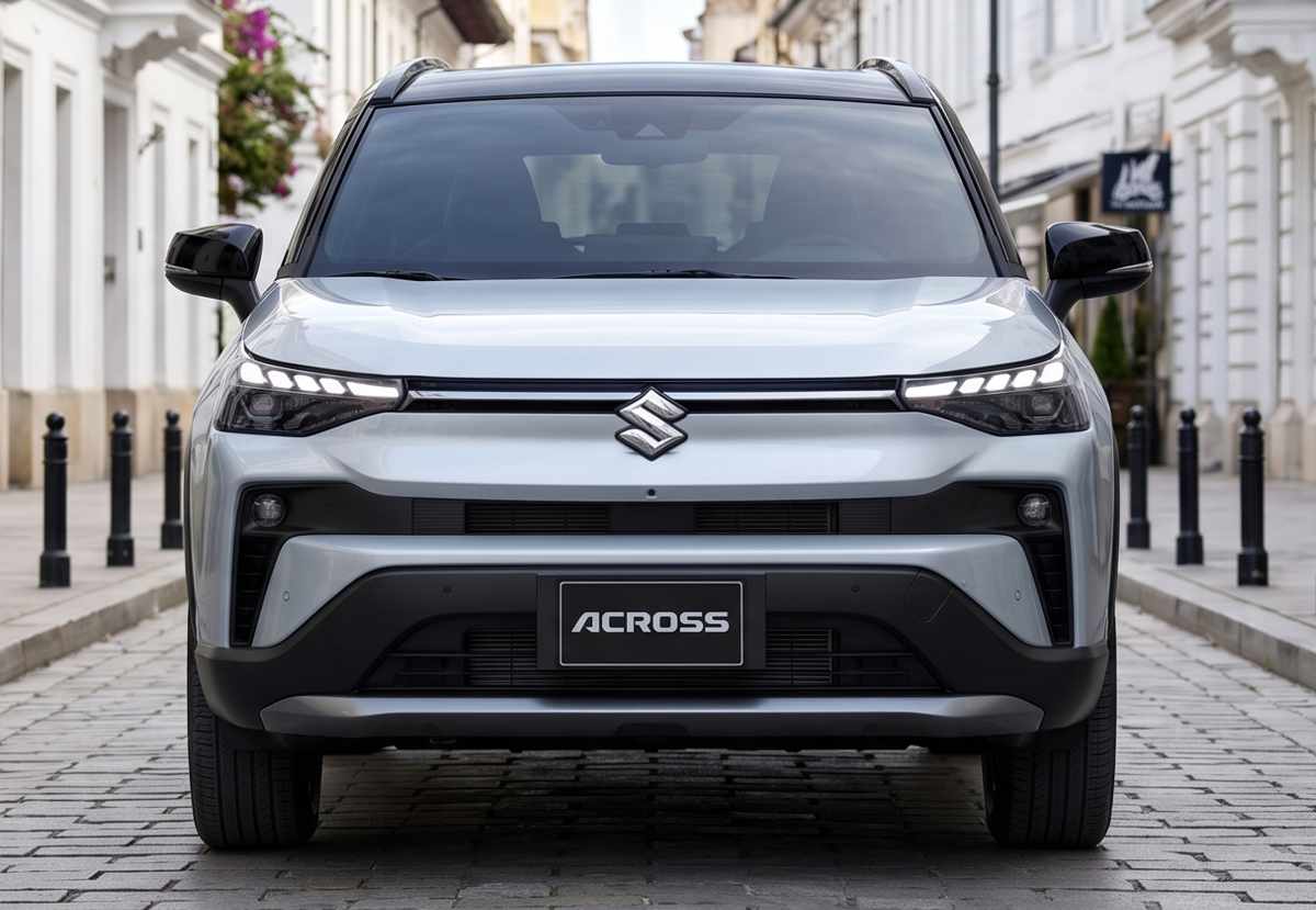 Primer plano frontal simétrico de la Suzuki Across plateada, mostrando en detalle la firma lumínica superior, el logo central de la marca y la entrada de aire inferior.