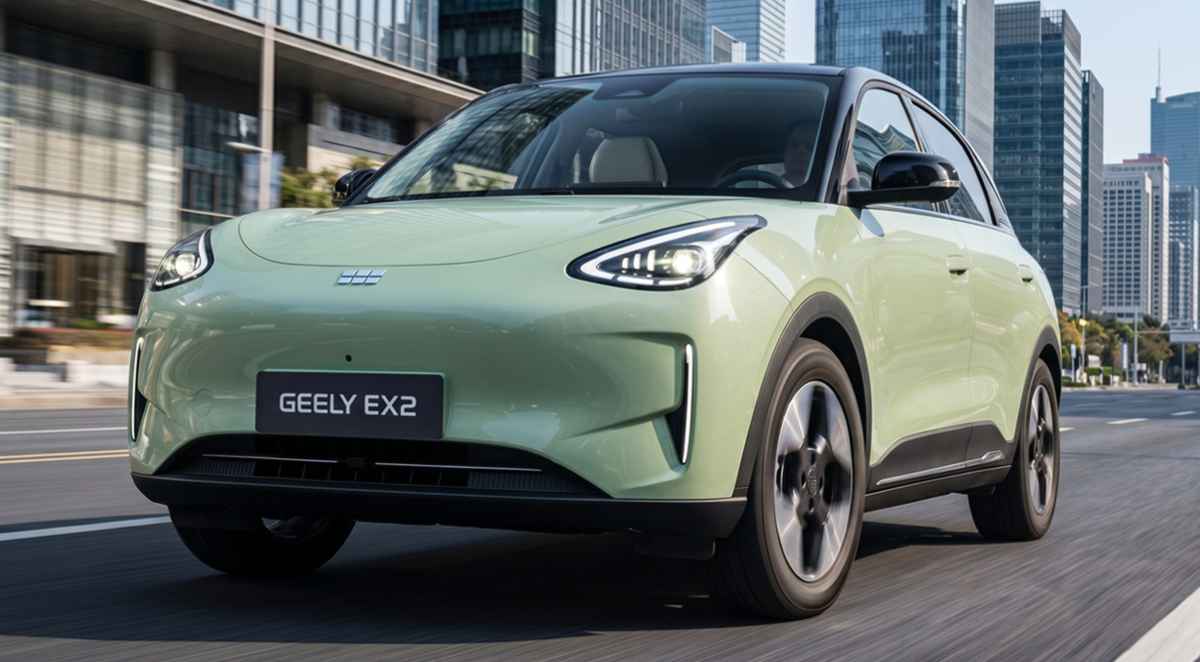 Vista frontal en movimiento del hatchback eléctrico Geely EX2 color verde claro recorriendo una amplia vía urbana, destacando su diseño aerodinámico de líneas limpias y luces diurnas afiladas.
