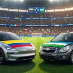Ilustración de un estadio de fútbol durante el partido Colombia vs Uzbekistán en el Mundial 2026, con un Tesla Model Y cubierto con la bandera de Colombia y un Chevrolet Cobalt con la bandera de Uzbekistán en primer plano sobre la cancha.