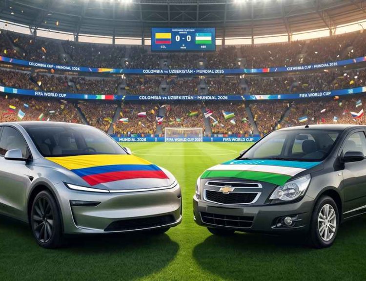 Ilustración de un estadio de fútbol durante el partido Colombia vs Uzbekistán en el Mundial 2026, con un Tesla Model Y cubierto con la bandera de Colombia y un Chevrolet Cobalt con la bandera de Uzbekistán en primer plano sobre la cancha.