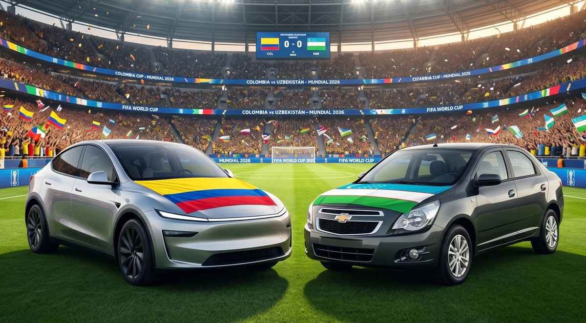 Ilustración de un estadio de fútbol durante el partido Colombia vs Uzbekistán en el Mundial 2026, con un Tesla Model Y cubierto con la bandera de Colombia y un Chevrolet Cobalt con la bandera de Uzbekistán en primer plano sobre la cancha.
