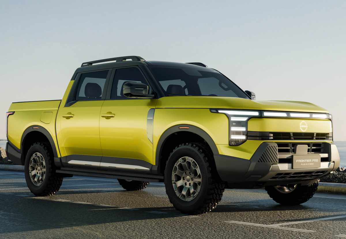 Fotografía oficial de la nueva pick-up Nissan Frontier Pro híbrida enchufable sin camuflaje en color amarillo verdoso, revelando su diseño frontal cuadrado con luces diurnas LED en forma de