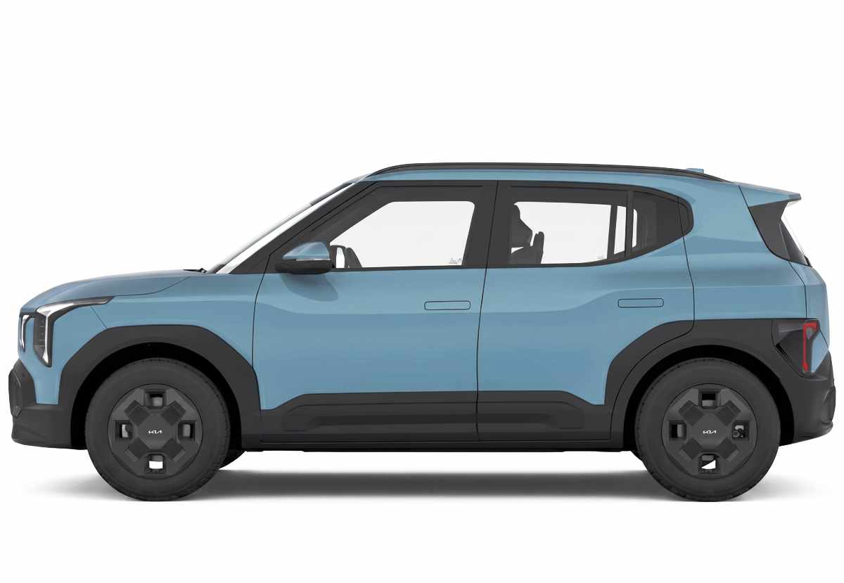 Perfil lateral completo del Kia EV2 color azul claro, detallando su longitud de 4,06 metros, manijas de puertas enrasadas y barras de techo.