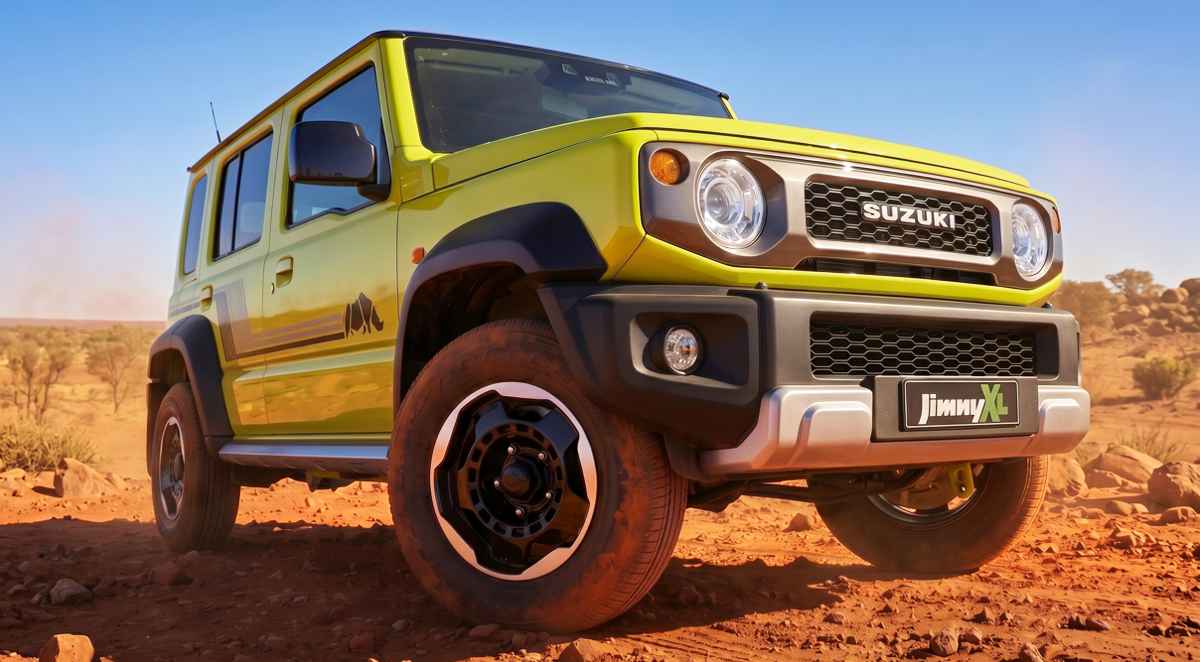 Vista en plano contrapicado tres cuartos del Suzuki Jimny XL Rhino Special Edition color Amarillo Cinético en un terreno desértico, destacando su parrilla clásica y rines negros.