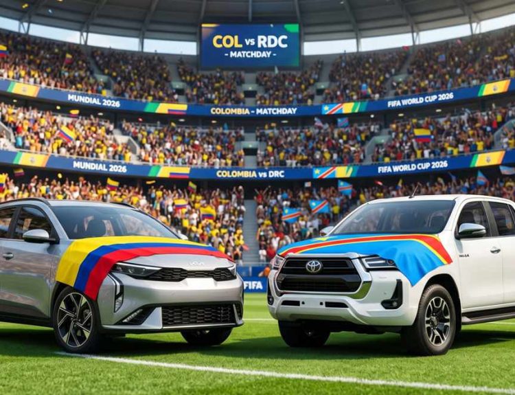 Representación digital de un estadio del Mundial 2026 con un automóvil Kia K3 plateado envuelto en la bandera de Colombia junto a una camioneta Toyota Hilux blanca con la bandera de la República Democrática del Congo en el campo.