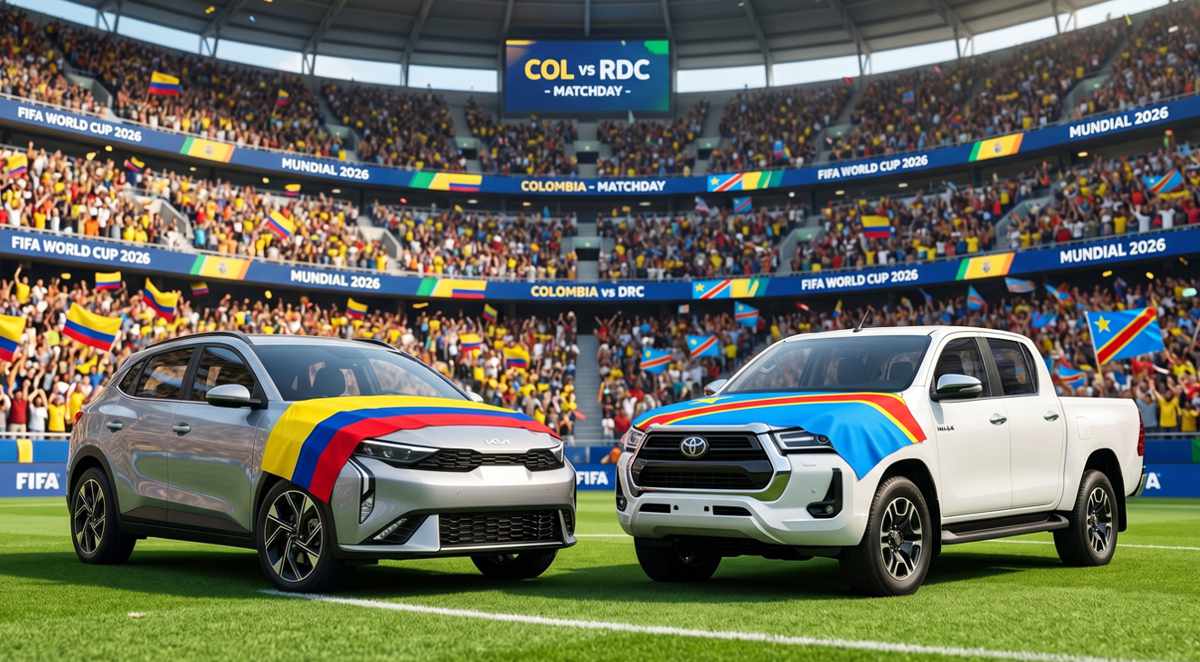 Representación digital de un estadio del Mundial 2026 con un automóvil Kia K3 plateado envuelto en la bandera de Colombia junto a una camioneta Toyota Hilux blanca con la bandera de la República Democrática del Congo en el campo.