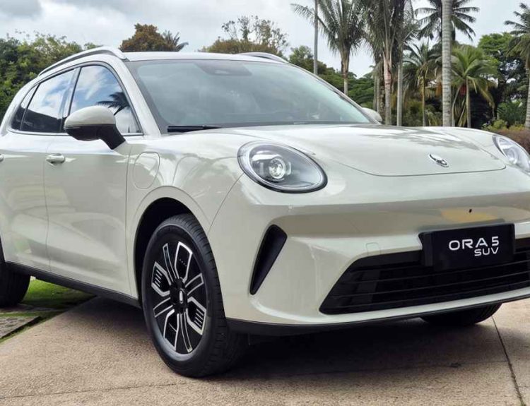 Vista frontal tres cuartos de la nueva SUV eléctrica GWM Ora 5 en color blanco marfil, estacionada sobre un camino de piedra rodeado de jardines, destacando su capó curvo y sus característicos faros redondos de estilo retro.