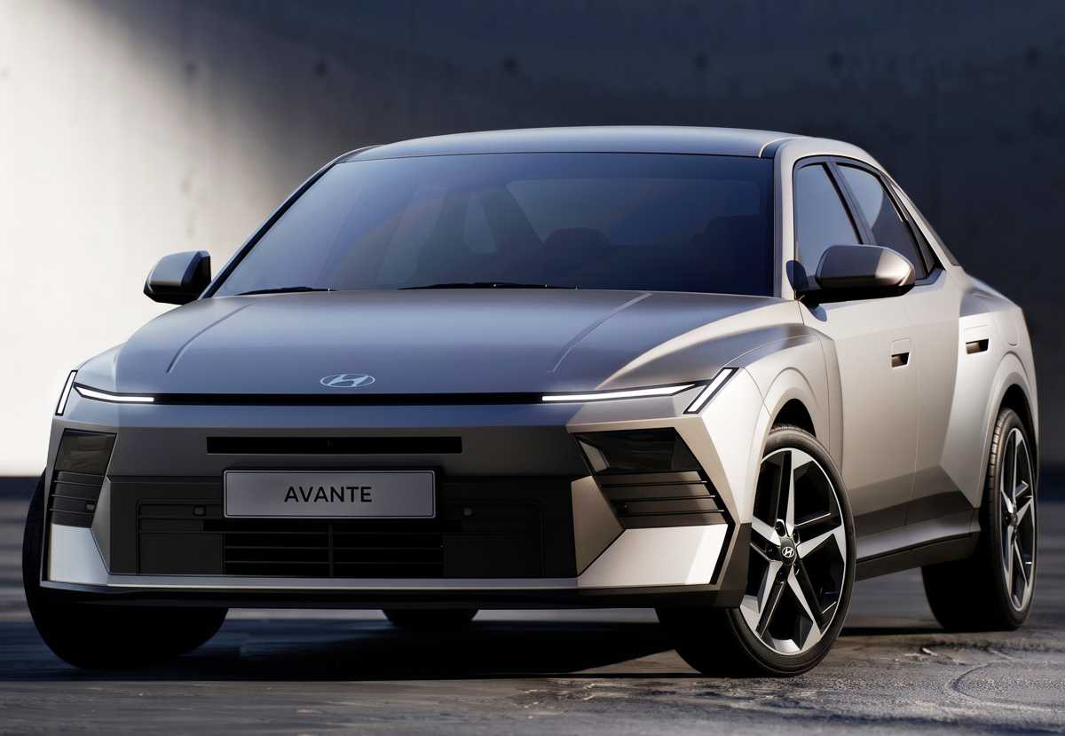 Vista frontal del Hyundai Elantra 2027 con iluminación de estudio, resaltando la franja de luz LED diurna que cruza todo el ancho del capó y su gran parrilla inferior de líneas rectas y geométricas.