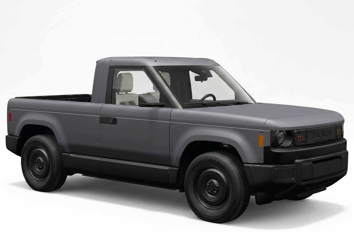 Diseño lateral y frontal de la pick-up eléctrica Slate Truck en color gris mate, mostrando su carrocería de líneas rectas, rines negros y cabina sencilla.