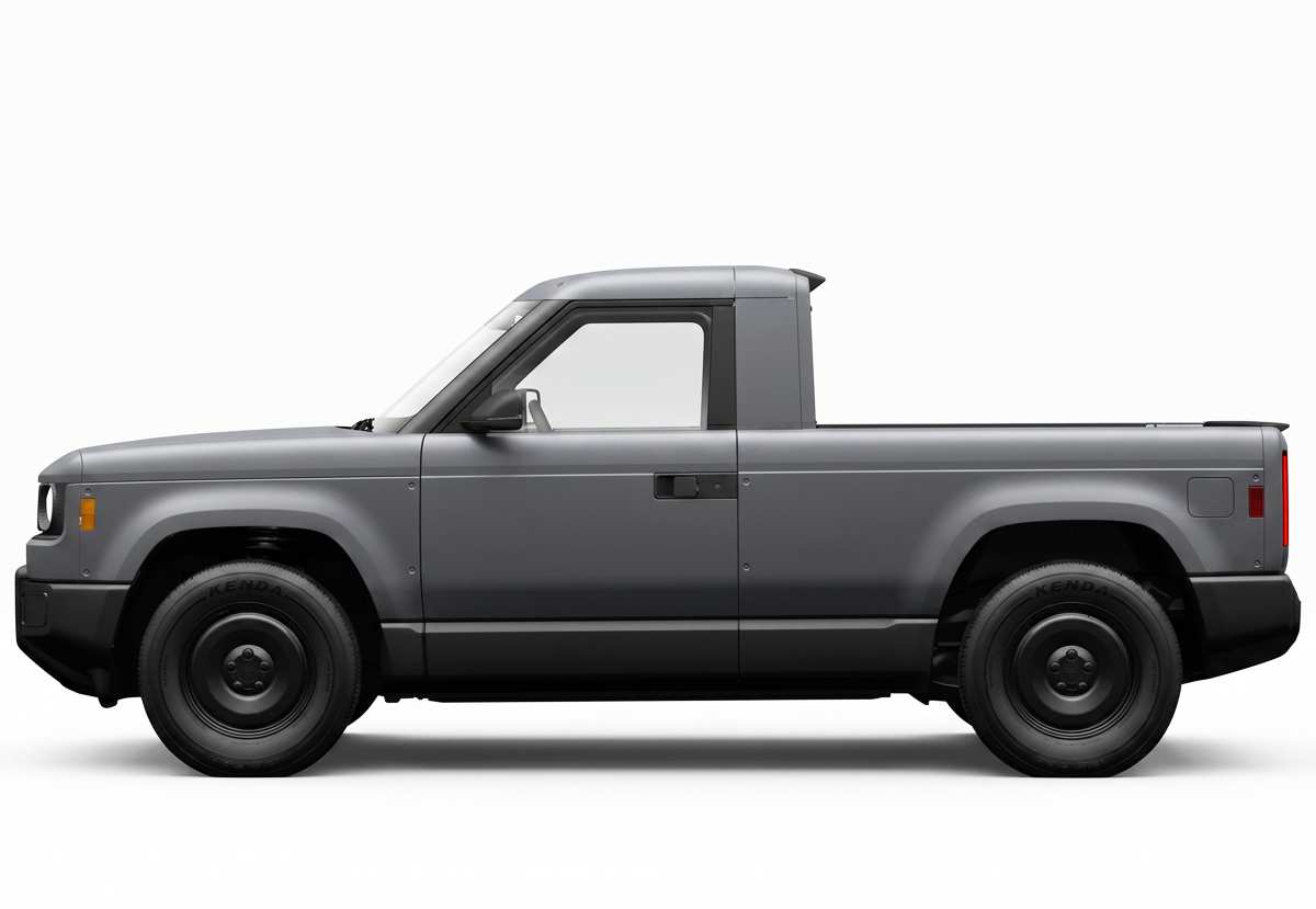 Perfil completo de la Slate Truck, la camioneta eléctrica americana de bajo costo, exhibiendo su distancia entre ejes y fuertes molduras plásticas negras en la zona inferior.