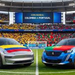 Un automóvil Tesla Model Y gris con la bandera de Colombia en el capó al lado de una SUV Peugeot 2008 azul con la bandera de Portugal, ubicados en la mitad de la cancha de un estadio de fútbol del Mundial 2026.