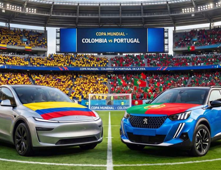 Un automóvil Tesla Model Y gris con la bandera de Colombia en el capó al lado de una SUV Peugeot 2008 azul con la bandera de Portugal, ubicados en la mitad de la cancha de un estadio de fútbol del Mundial 2026.