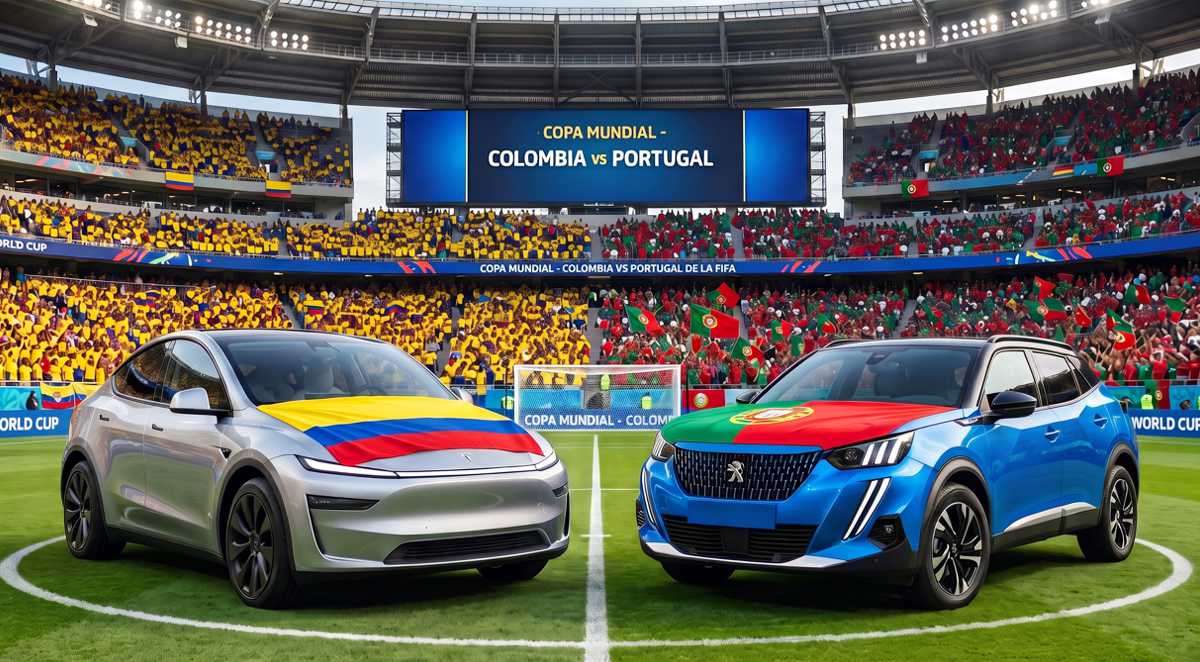 Un automóvil Tesla Model Y gris con la bandera de Colombia en el capó al lado de una SUV Peugeot 2008 azul con la bandera de Portugal, ubicados en la mitad de la cancha de un estadio de fútbol del Mundial 2026.
