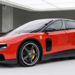 Ferrari Luce de color rojo, vista frontal diagonal. El nuevo sedán eléctrico deportivo presentado con éxito en el mercado de China.
