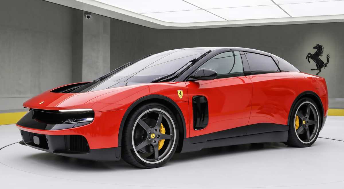Ferrari Luce de color rojo, vista frontal diagonal. El nuevo sedán eléctrico deportivo presentado con éxito en el mercado de China.