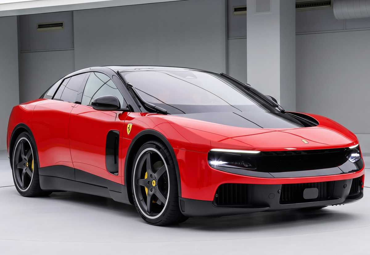 Detalle del diseño frontal aerodinámico y los faros delgados del Ferrari Luce, el primer sedán eléctrico de la marca italiana.