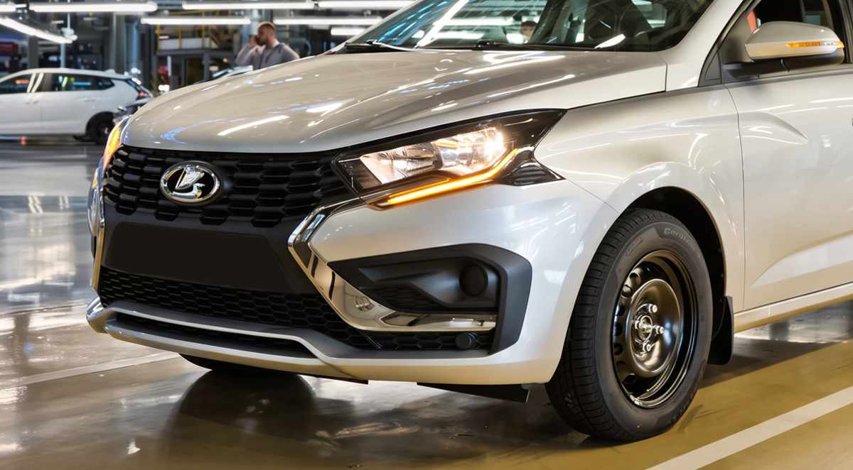Primer plano frontal del nuevo Lada Iskra SW Drive plateado en fábrica, mostrando sus detalles cromados y su rin de acero negro de 15 pulgadas.