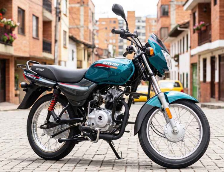 Motocicleta Bajaj Boxer CT100 ES Spoke color verde azulado estacionada sobre una calle adoquinada con edificios residenciales al fondo.