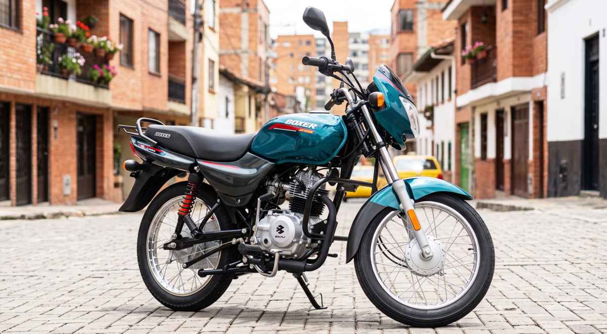 Motocicleta Bajaj Boxer CT100 ES Spoke color verde azulado estacionada sobre una calle adoquinada con edificios residenciales al fondo.