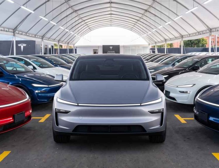 Vehículo eléctrico Tesla color plata en primer plano, rodeado por decenas de carros de la marca en distintos colores dentro de una gran carpa de exhibición.