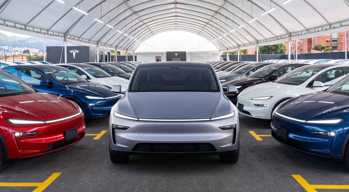 Vehículo eléctrico Tesla color plata en primer plano, rodeado por decenas de carros de la marca en distintos colores dentro de una gran carpa de exhibición.