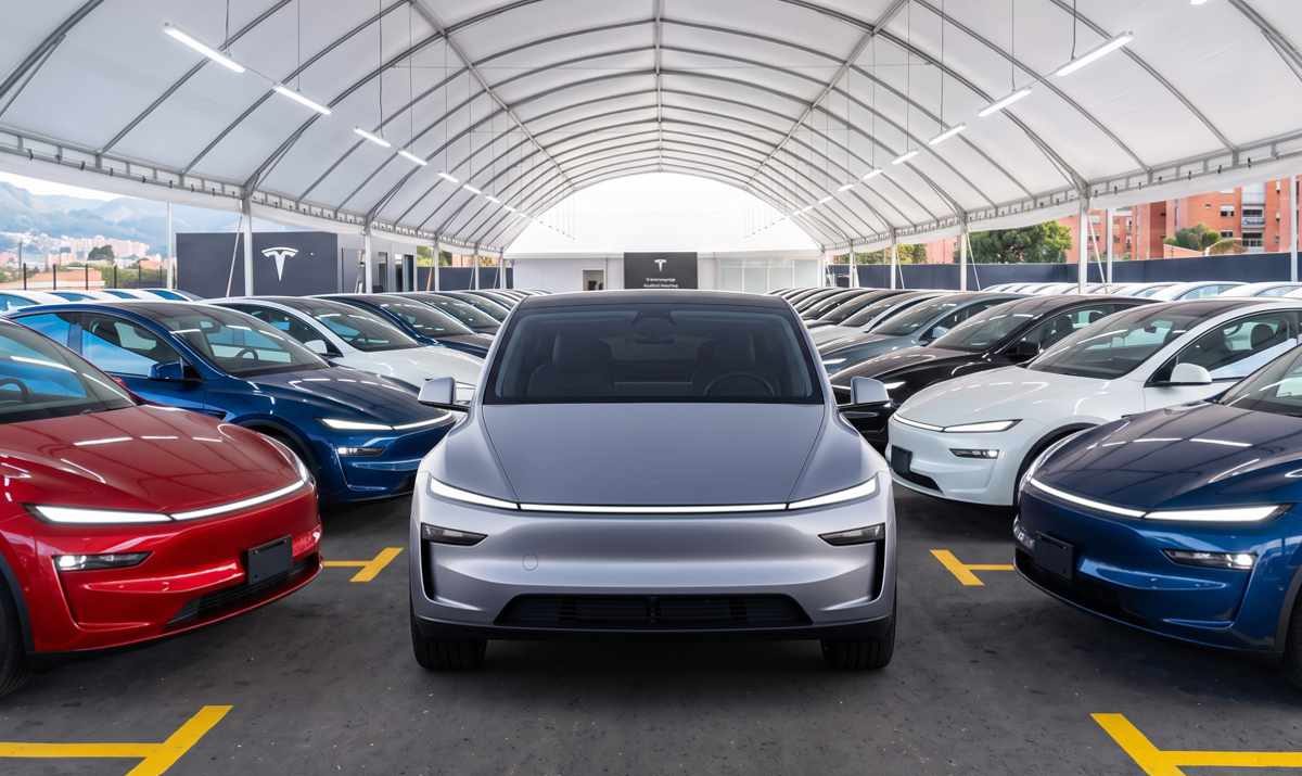 Vehículo eléctrico Tesla color plata en primer plano, rodeado por decenas de carros de la marca en distintos colores dentro de una gran carpa de exhibición.