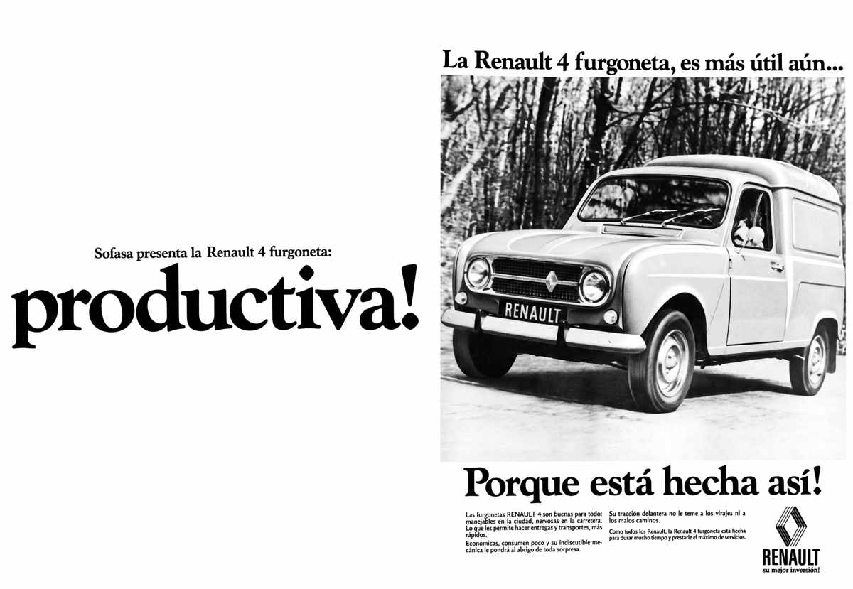 Antiguo anuncio publicitario impreso en blanco y negro de la Renault 4 furgoneta, destacando su espacio de carga y productividad comercial.