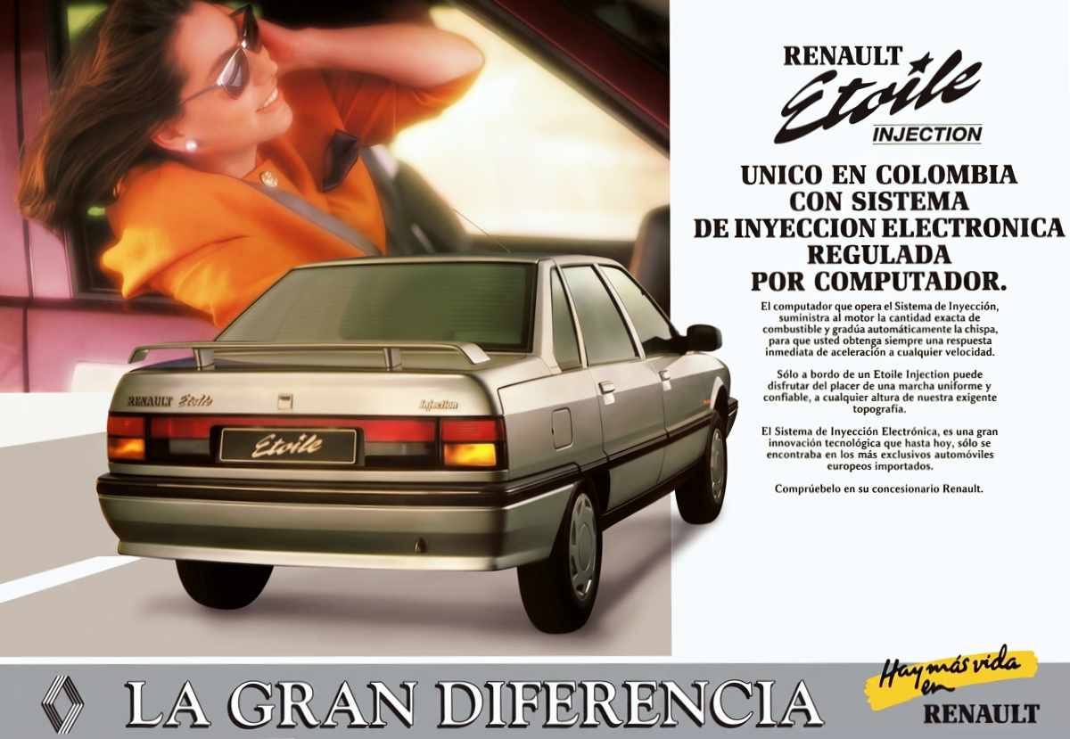 Pieza publicitaria antigua del sedán Renault Étoile color gris plateado, destacando en sus textos que era el único vehículo en Colombia con sistema de inyección electrónica.