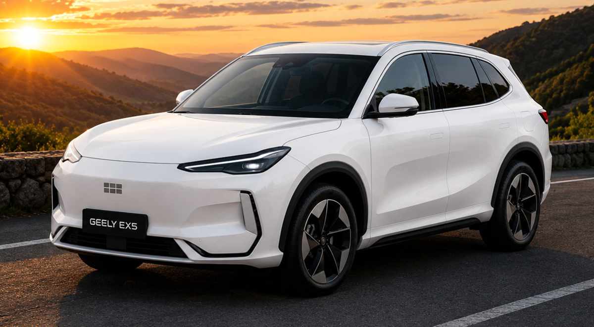 SUV compacto eléctrico Geely EX5 SE de color blanco transitando por una carretera al atardecer frente a montañas en Colombia.